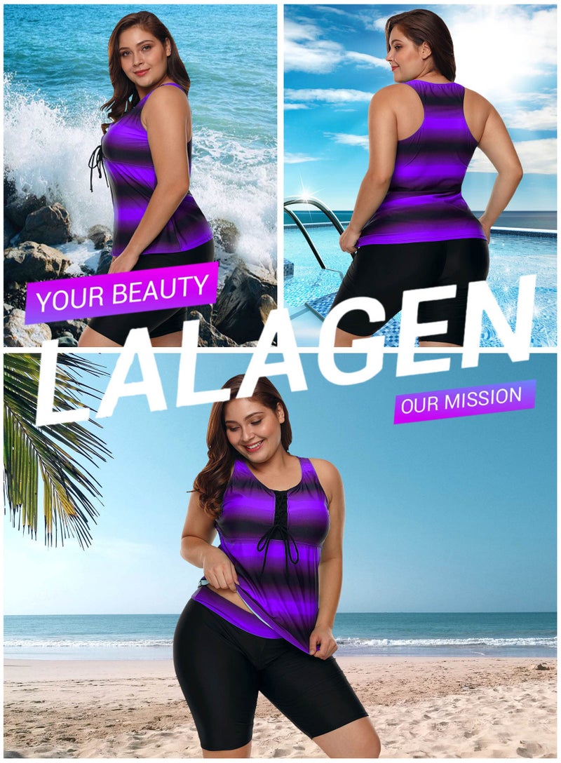 LALAGEN ملابس السباحة تانكيني للنساء LALAGEN 2026 بحجم زائد مع واقي من الطفح الجلدي وسروال كابري رياضي قطعتين ملابس سباحة بنفسجي L-1 - Image 3